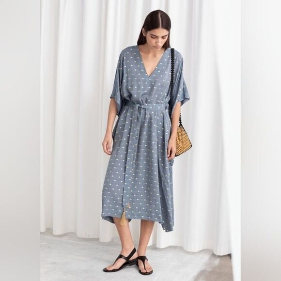 NWT & Other Stories Blue Metallic Polka Dot Boho Belted Midi Kaftan Dress Small - Picture 2 of 8